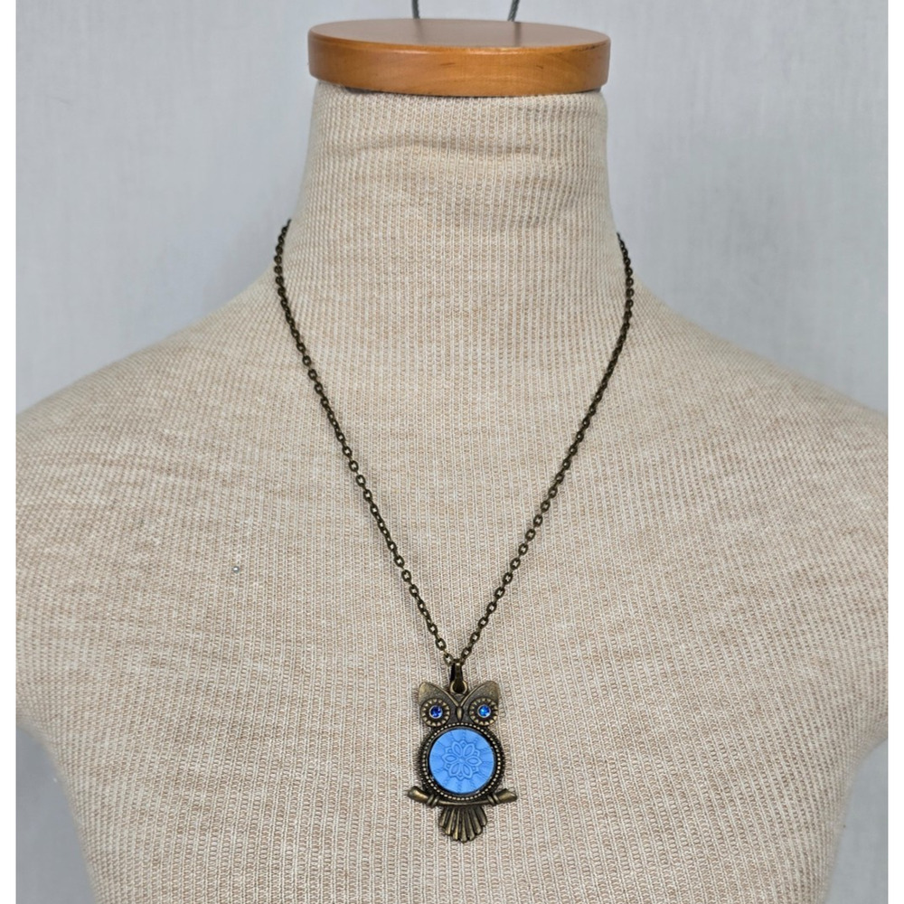 Czech Glass Pendant Necklace 20" Owl Blue & Bronze New